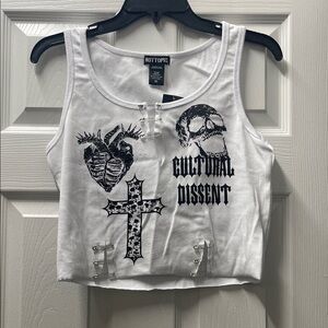 Hot Topic White Black Graphic Lace-Up Crop Tank